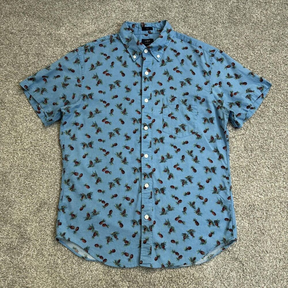 J.Crew Shirt Mens Medium Blue Pineapple Linen Cotton Slim Vacation Resort Wear